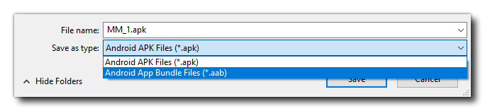 Andoird APK か AAB ファイルかを選択