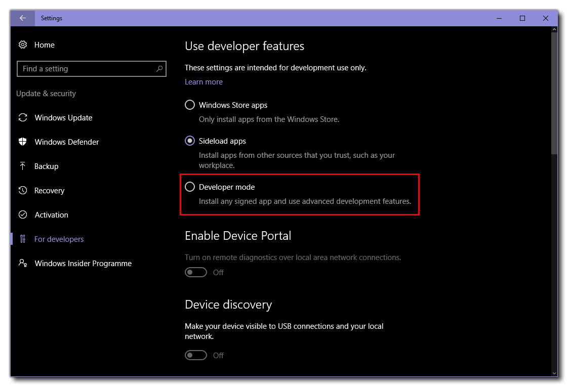 Windows UWP Device Developer Mode