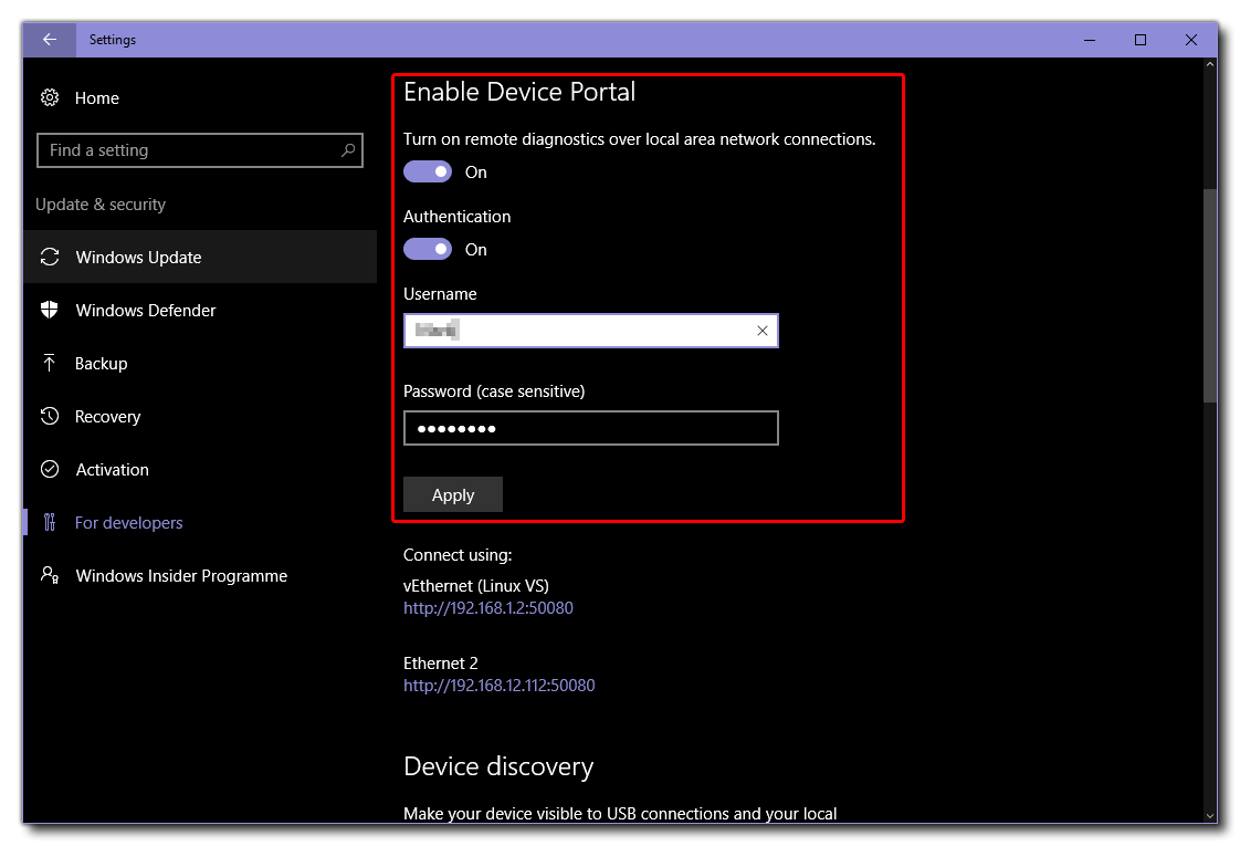 Windows UWP Device Settings