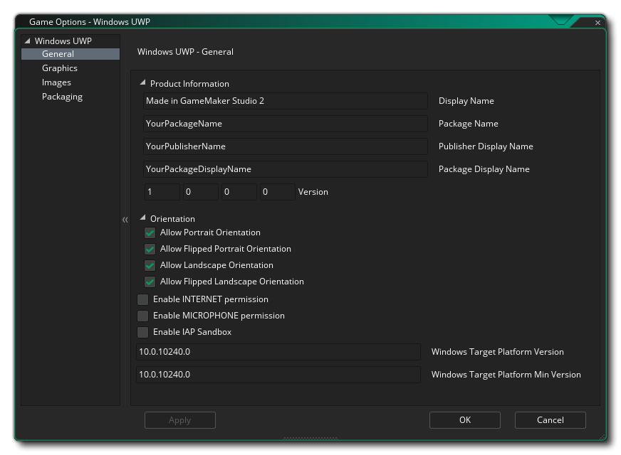 UWP General Options